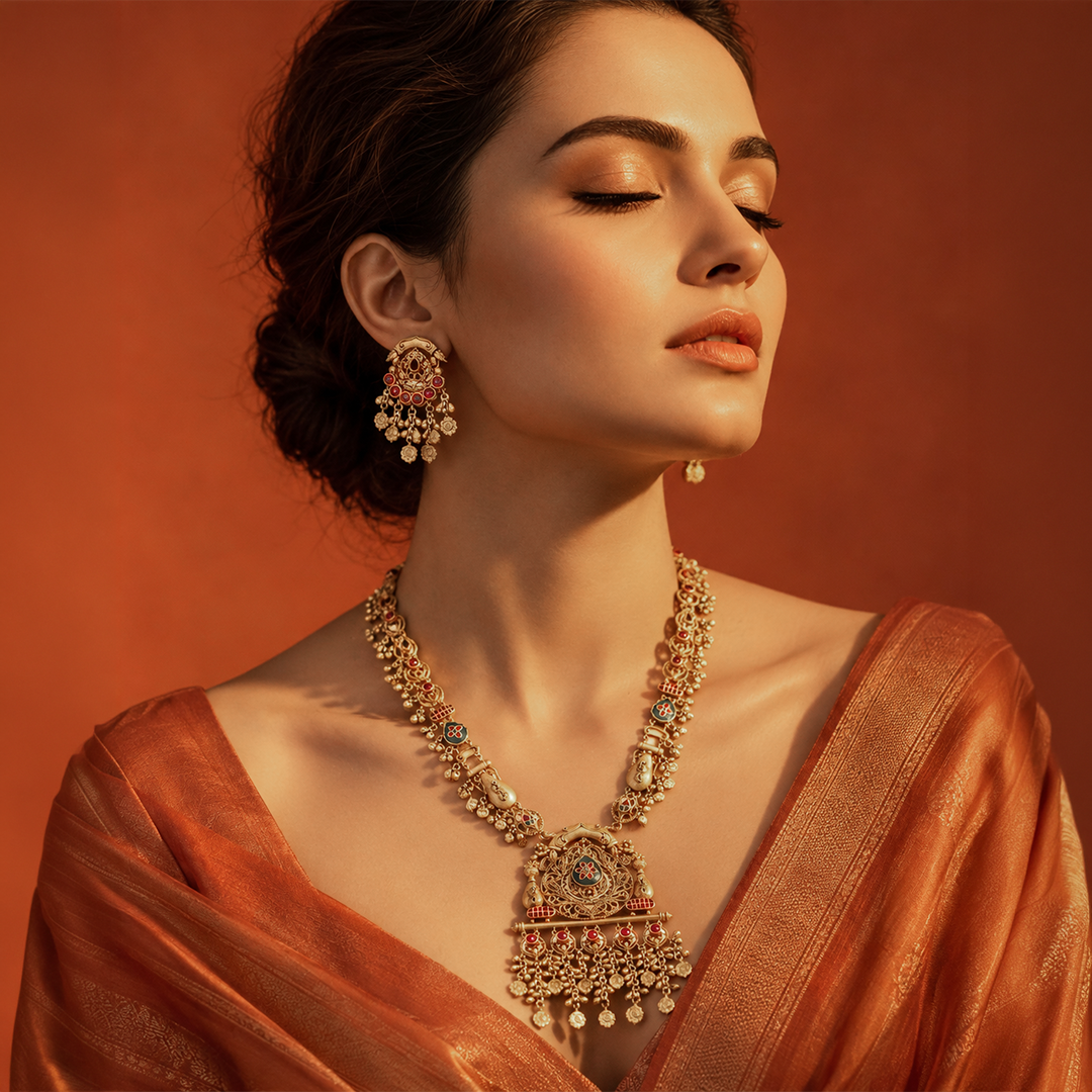 Royal Heritage Long Necklace Set with Statement Pendant & Earrings