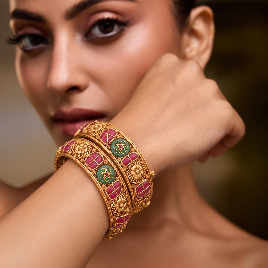 Royal Floral Heritage Bangle Pair with Red & Green Accents