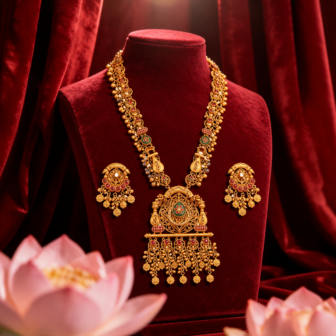 Royal Heritage Long Necklace Set with Statement Pendant & Earrings