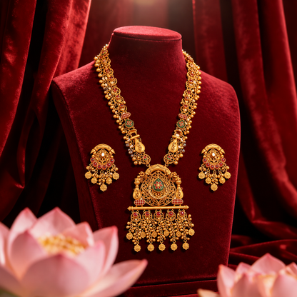 Royal Heritage Long Necklace Set with Statement Pendant & Earrings