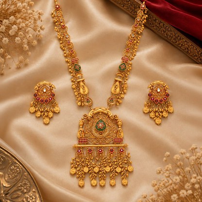 Royal Heritage Long Necklace Set with Statement Pendant & Earrings
