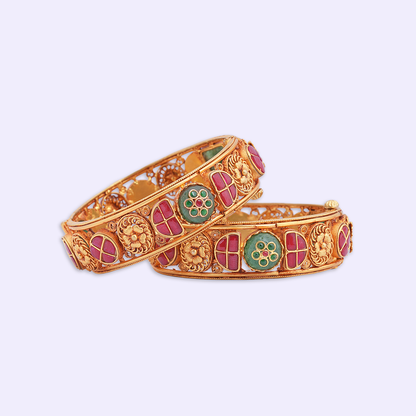 Royal Floral Heritage Bangle Pair with Red & Green Accents