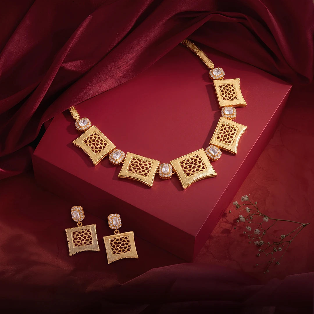 Geometric Jali Square Necklace Set | 925 Sterling Silver