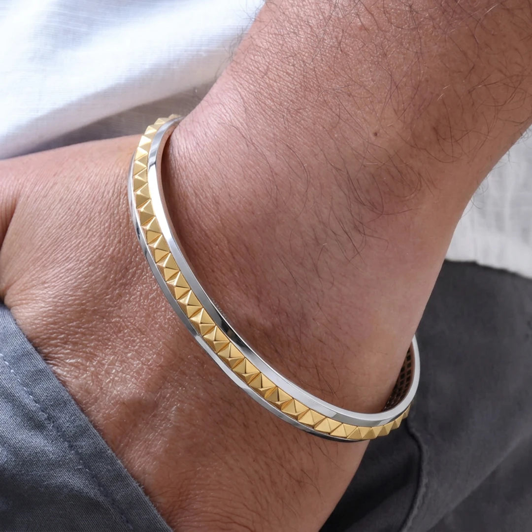 Gold Pyramid Stud Ladies Bangle | 925 Sterling Silver