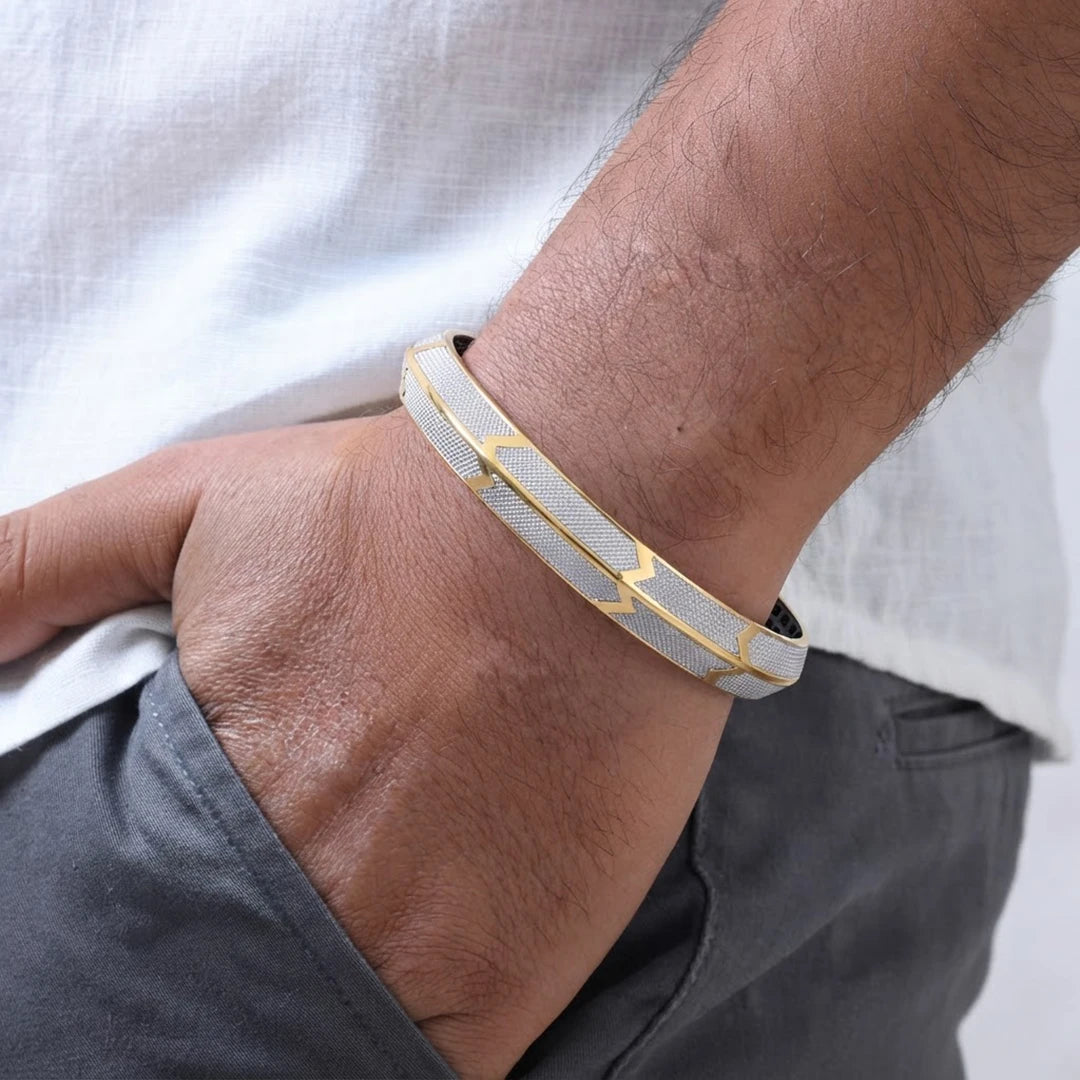 Gold-Silver Textured Chevron Ladies Bangle | 925 Sterling Silver