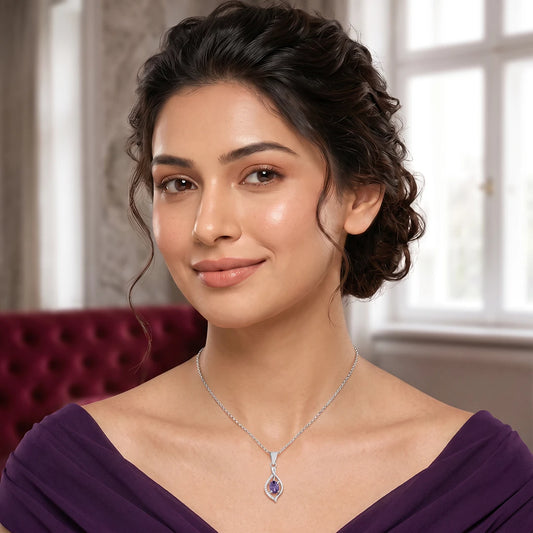 Amethyst Leaf Drop Pendant Necklace |  925 Sterling Silver
