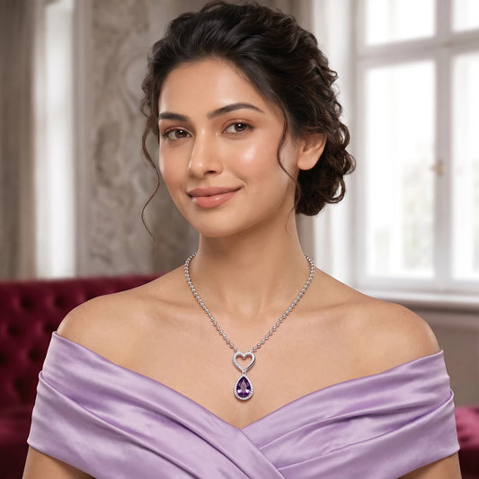 Violet Heart Halo Pendant Necklace | 925 Sterling Silver
