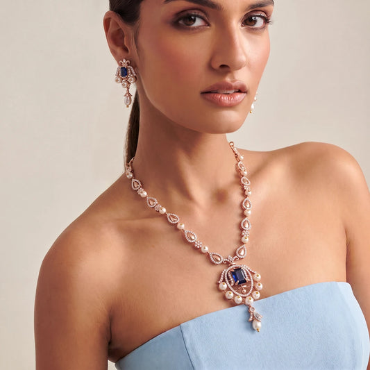 Celestia Blue Pearl Necklace Set 925 Sterling Silver