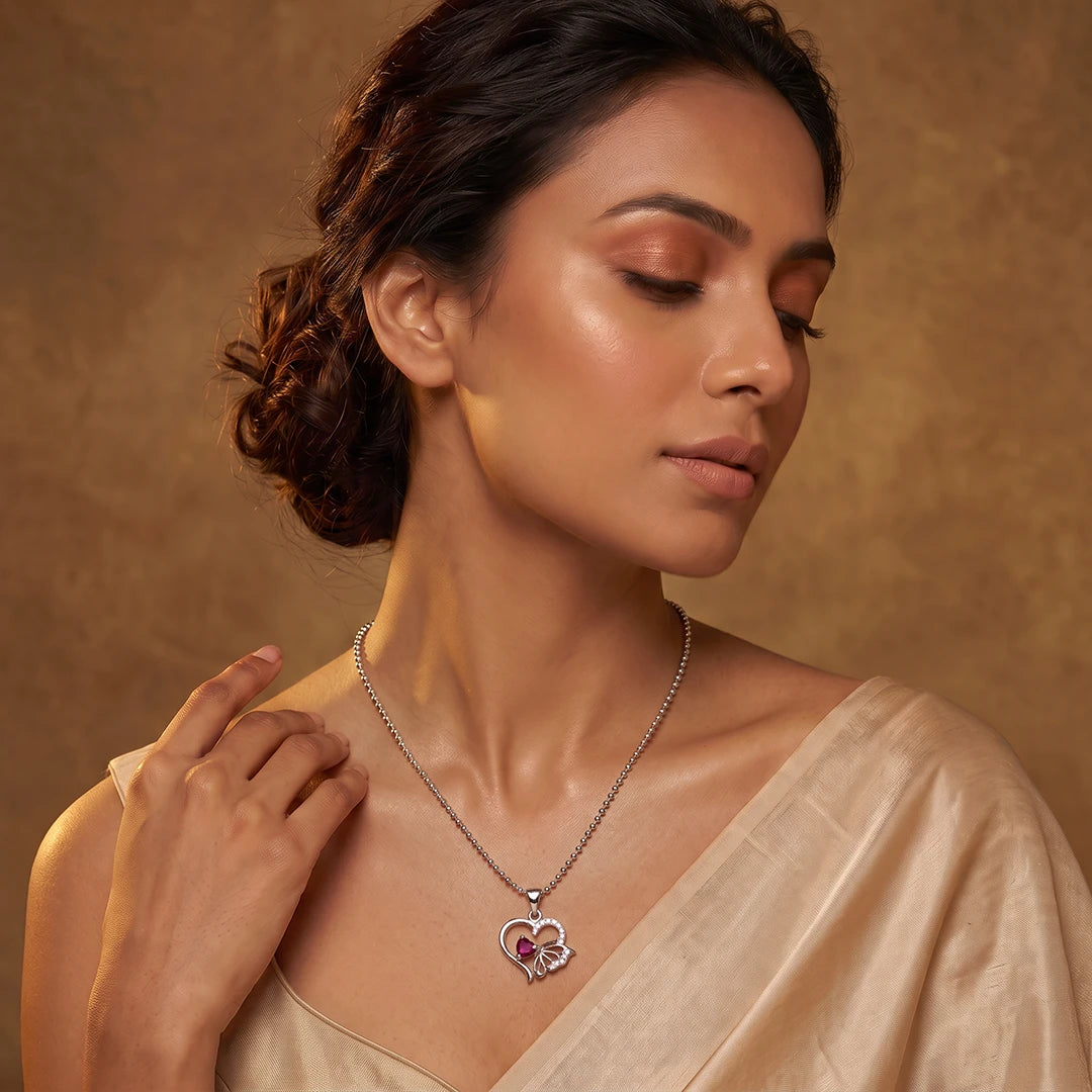 Crimson Heart Butterfly Pendant Necklace | 925 Sterling Silver