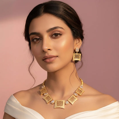 Geometric Jali Square Necklace Set | 925 Sterling Silver