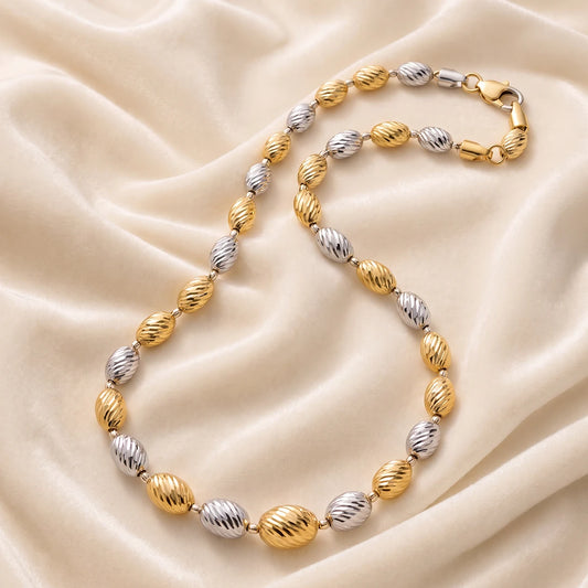 Gold & Silver Ribbed Oval Bead Ladies Chain | 925 Sterling Silver