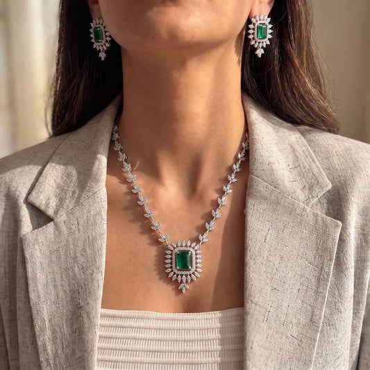 Emerald Crest Leaf Necklace Set | 925 Sterling Silver