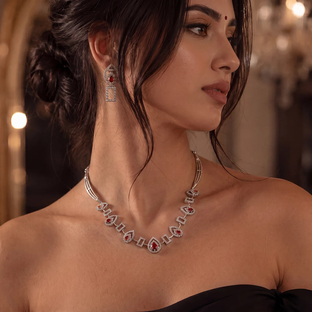 Crimson Teardrop Link Necklace Set | 925 Sterling Silver