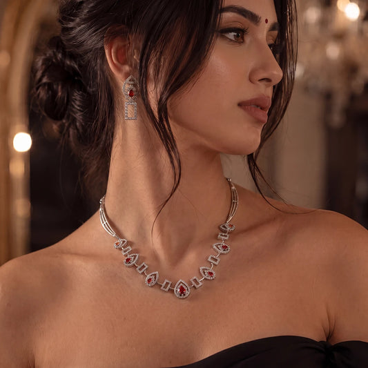 Crimson Teardrop Link Necklace Set | 925 Sterling Silver