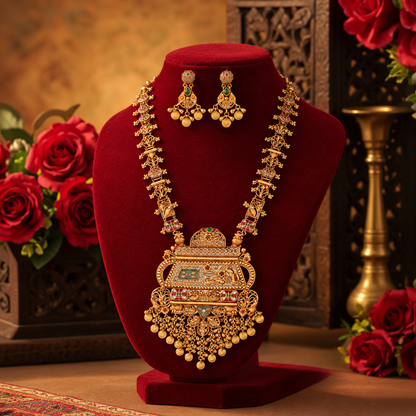 Antique Heritage Long Necklace Set with Ornate Pendant & Earrings