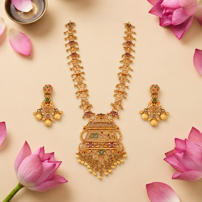 Antique Heritage Long Necklace Set with Ornate Pendant & Earrings