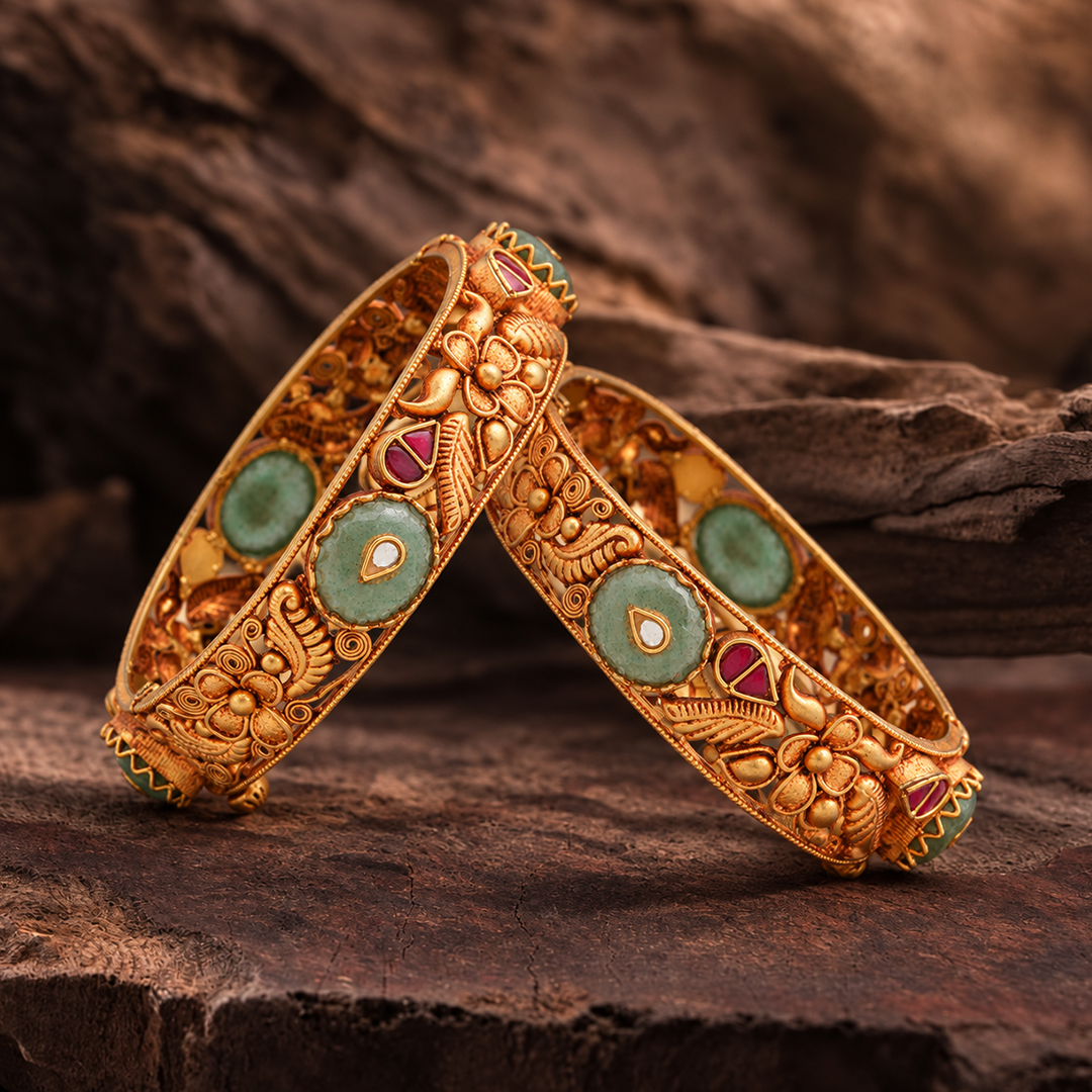 Floral Vine Heritage Bangle Pair with Green & Red Accents