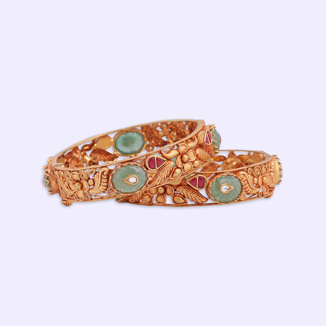 Floral Vine Heritage Bangle Pair with Green & Red Accents