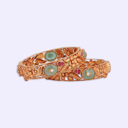 Floral Vine Heritage Bangle Pair with Green & Red Accents
