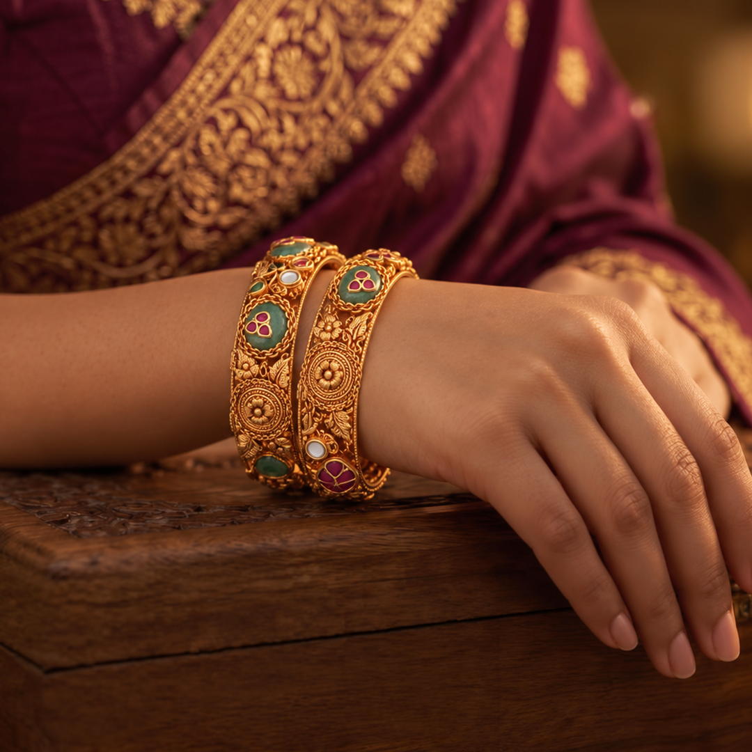 Spiral Floral Heritage Bangle Pair with Green & Red Accents