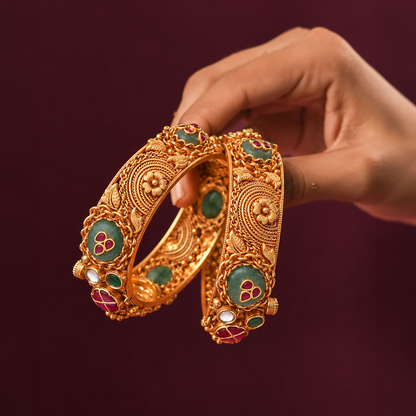 Spiral Floral Heritage Bangle Pair with Green & Red Accents