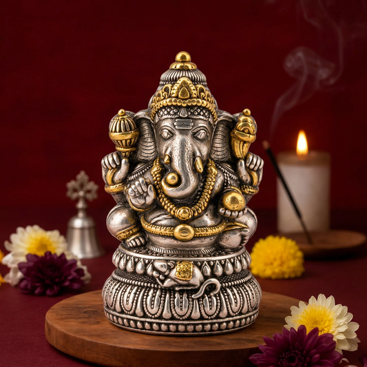 Lord Ganesha Idol with Dual Tone Detailing & Mushak Base