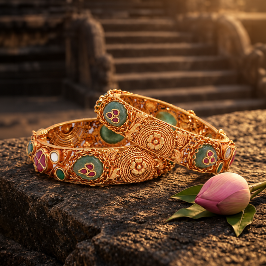 Spiral Floral Heritage Bangle Pair with Green & Red Accents