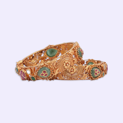 Spiral Floral Heritage Bangle Pair with Green & Red Accents
