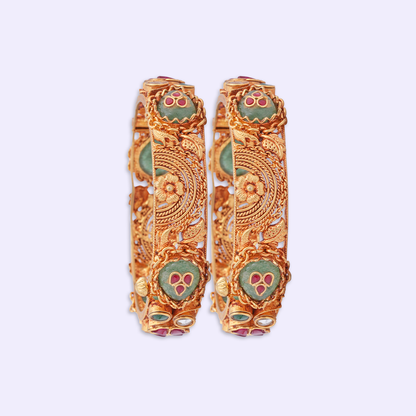 Spiral Floral Heritage Bangle Pair with Green & Red Accents