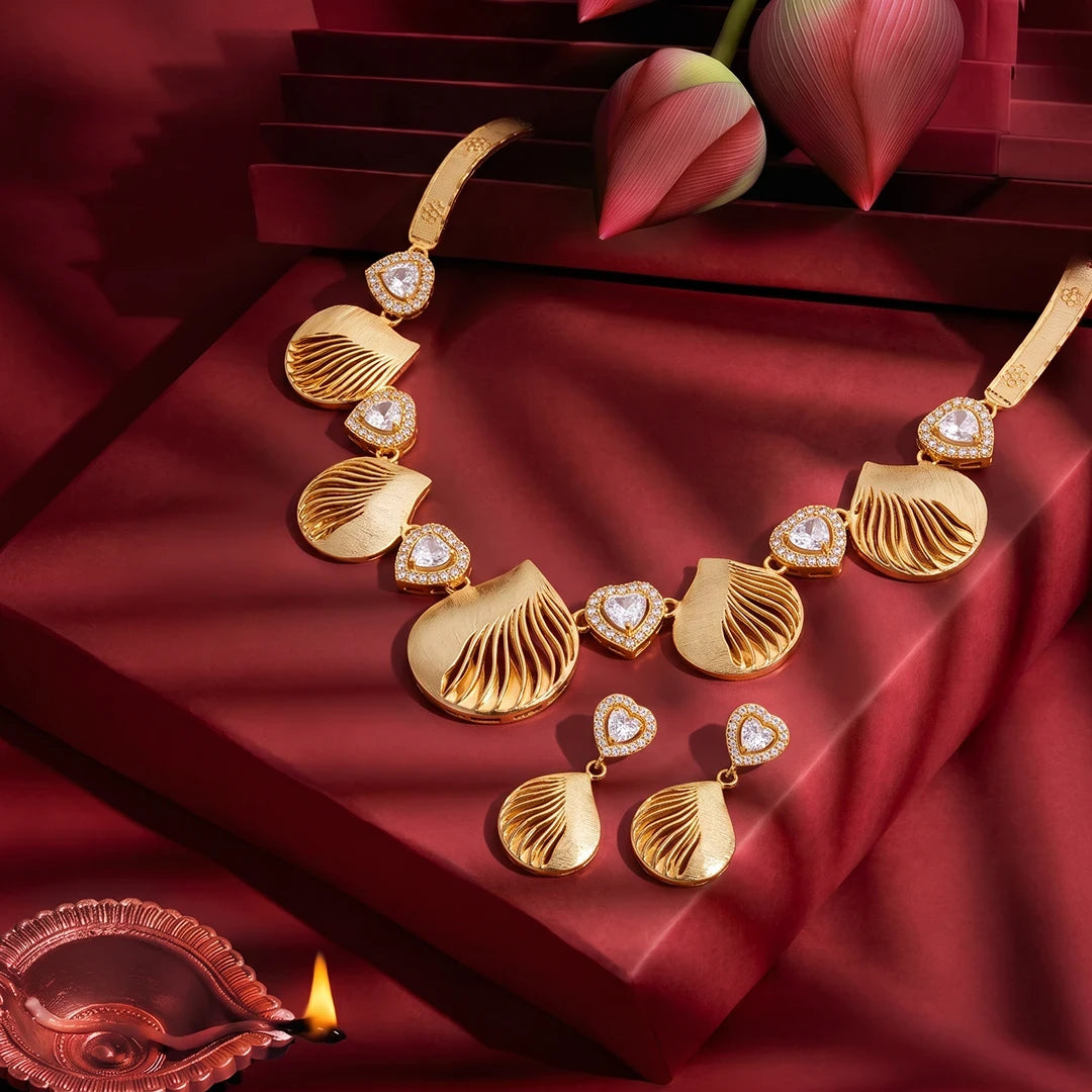 Golden Ripple Leaf Necklace Set | 925 Sterling Silver