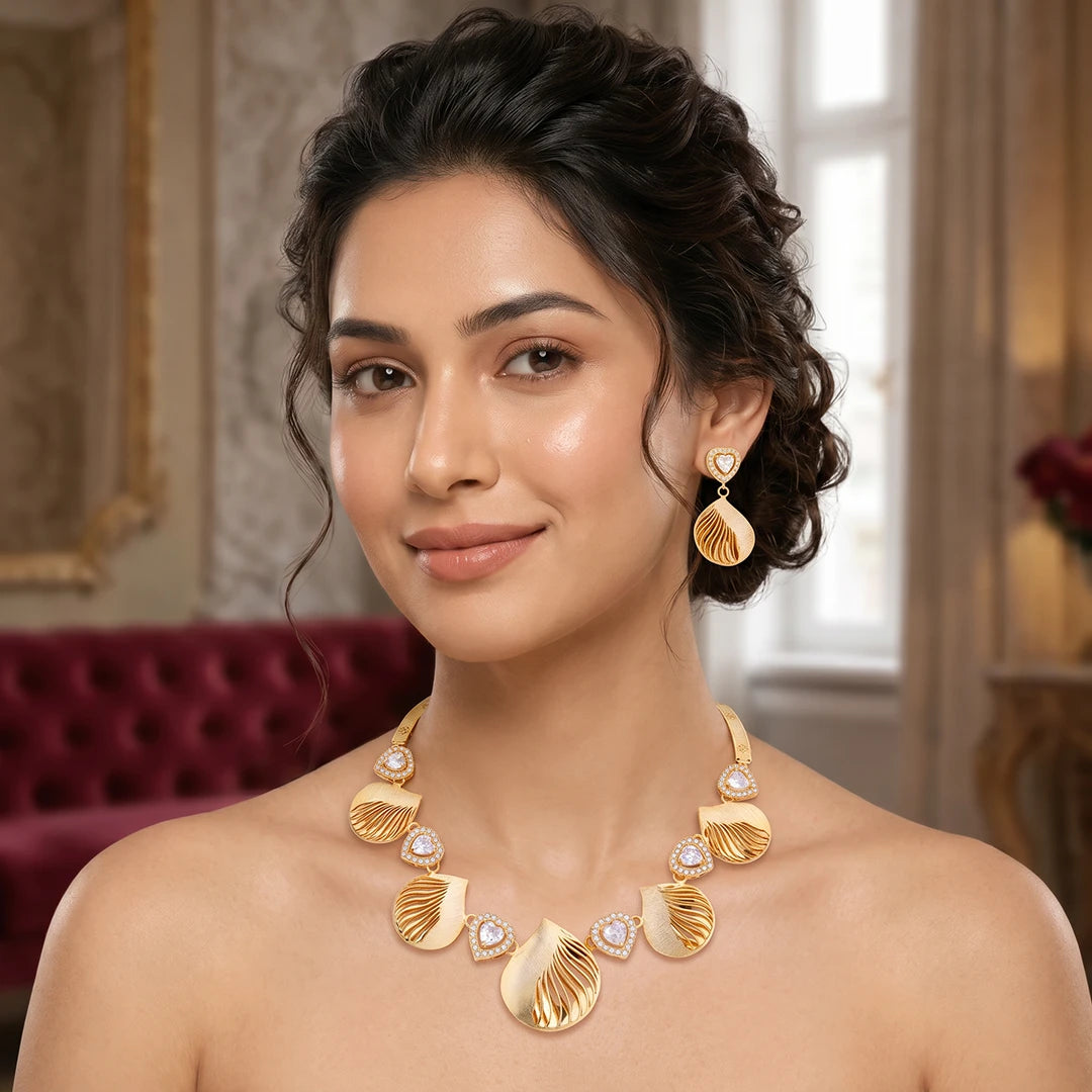 Golden Ripple Leaf Necklace Set | 925 Sterling Silver