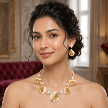 Golden Ripple Leaf Necklace Set | 925 Sterling Silver
