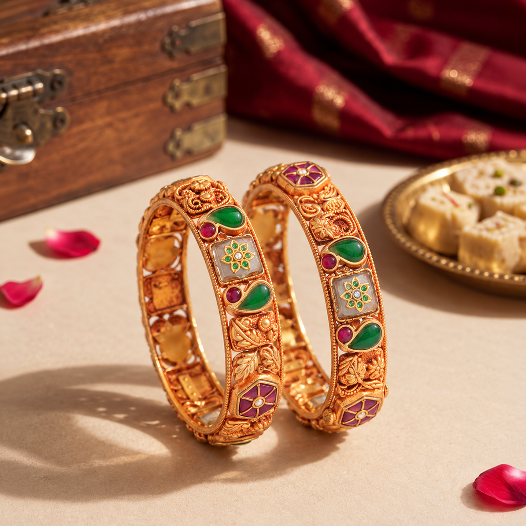 Paisley Floral Heritage Bangle Pair with Green & Red Accents