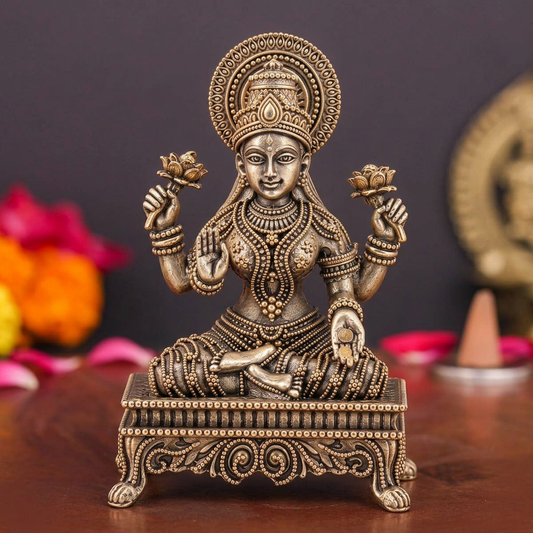 Goddess Lakshmi Idol with Lotus Hands & Ornamental Throne