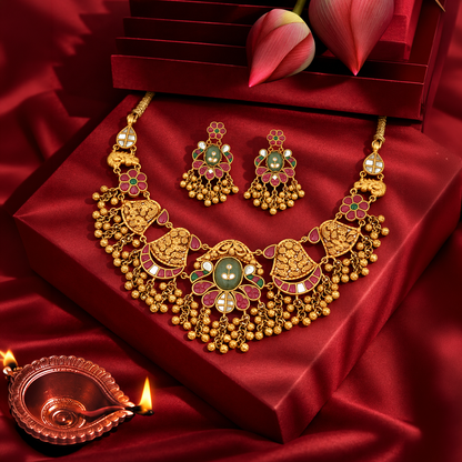 Floral Heritage Choker Necklace Set with Matching Earrings