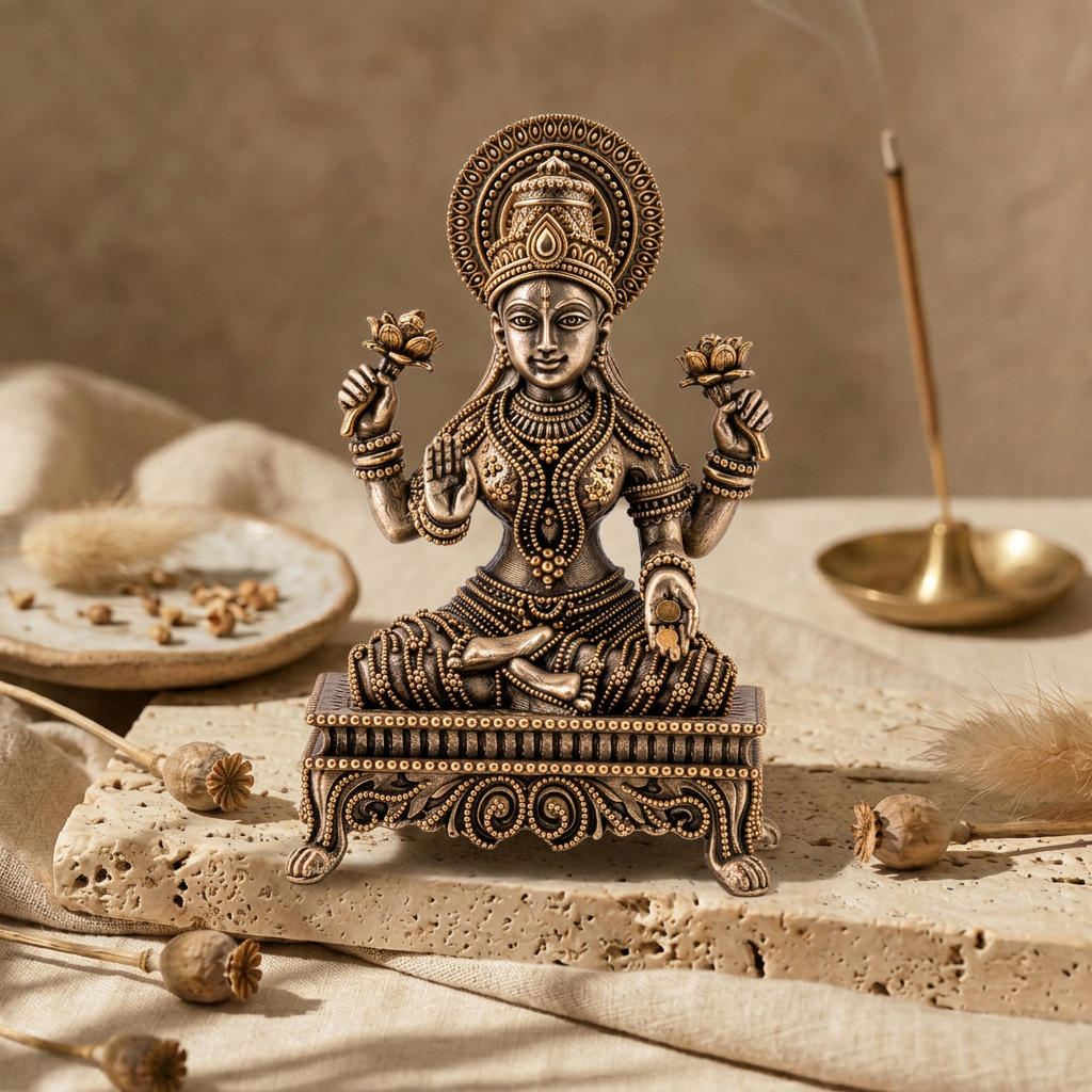 Goddess Lakshmi Idol with Lotus Hands & Ornamental Throne