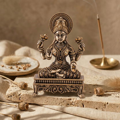 Goddess Lakshmi Idol with Lotus Hands & Ornamental Throne