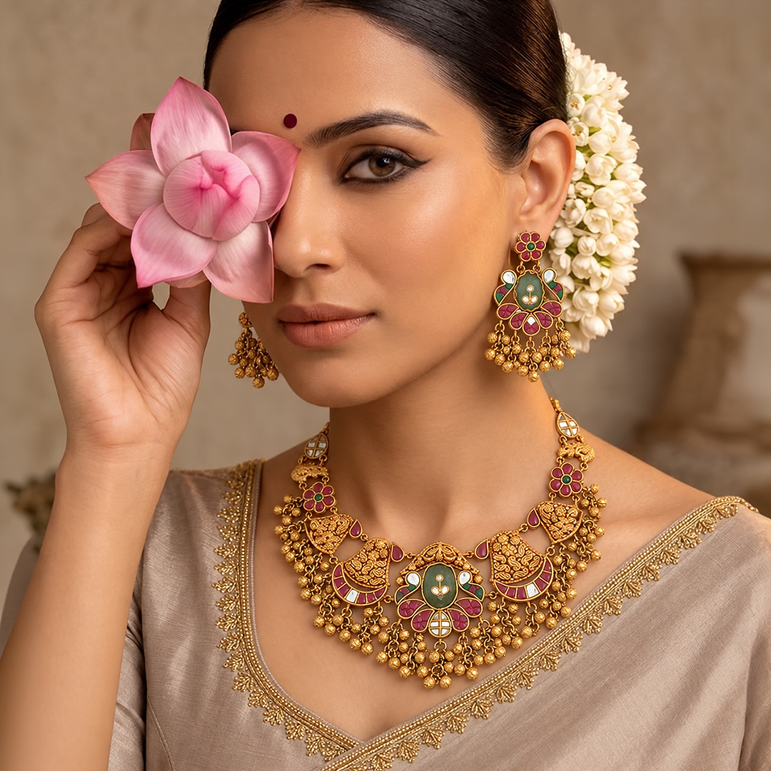 Floral Heritage Choker Necklace Set with Matching Earrings