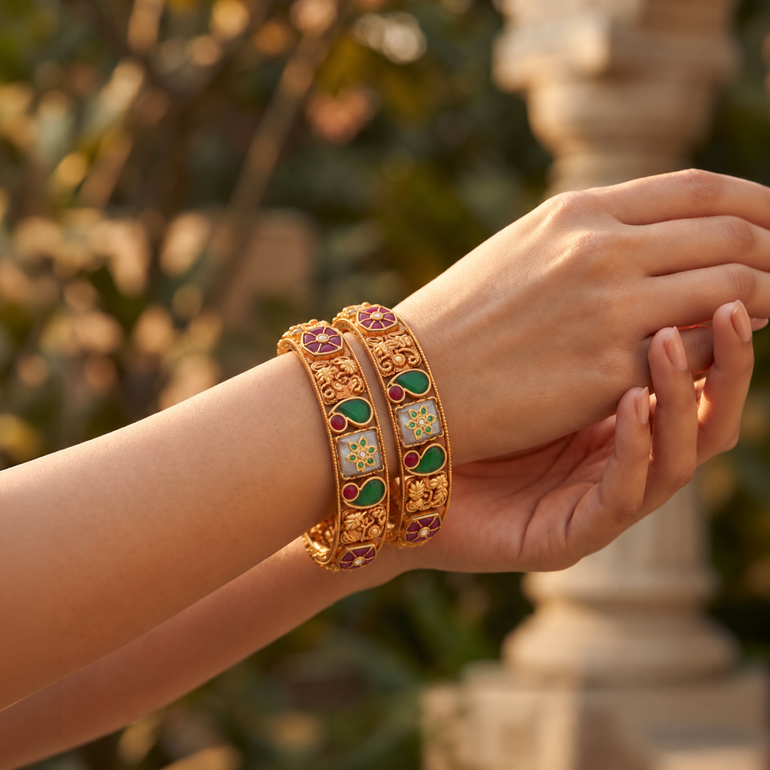 Paisley Floral Heritage Bangle Pair with Green & Red Accents