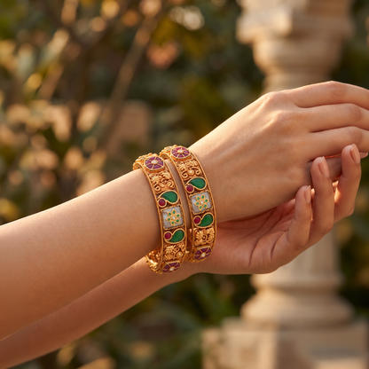 Paisley Floral Heritage Bangle Pair with Green & Red Accents