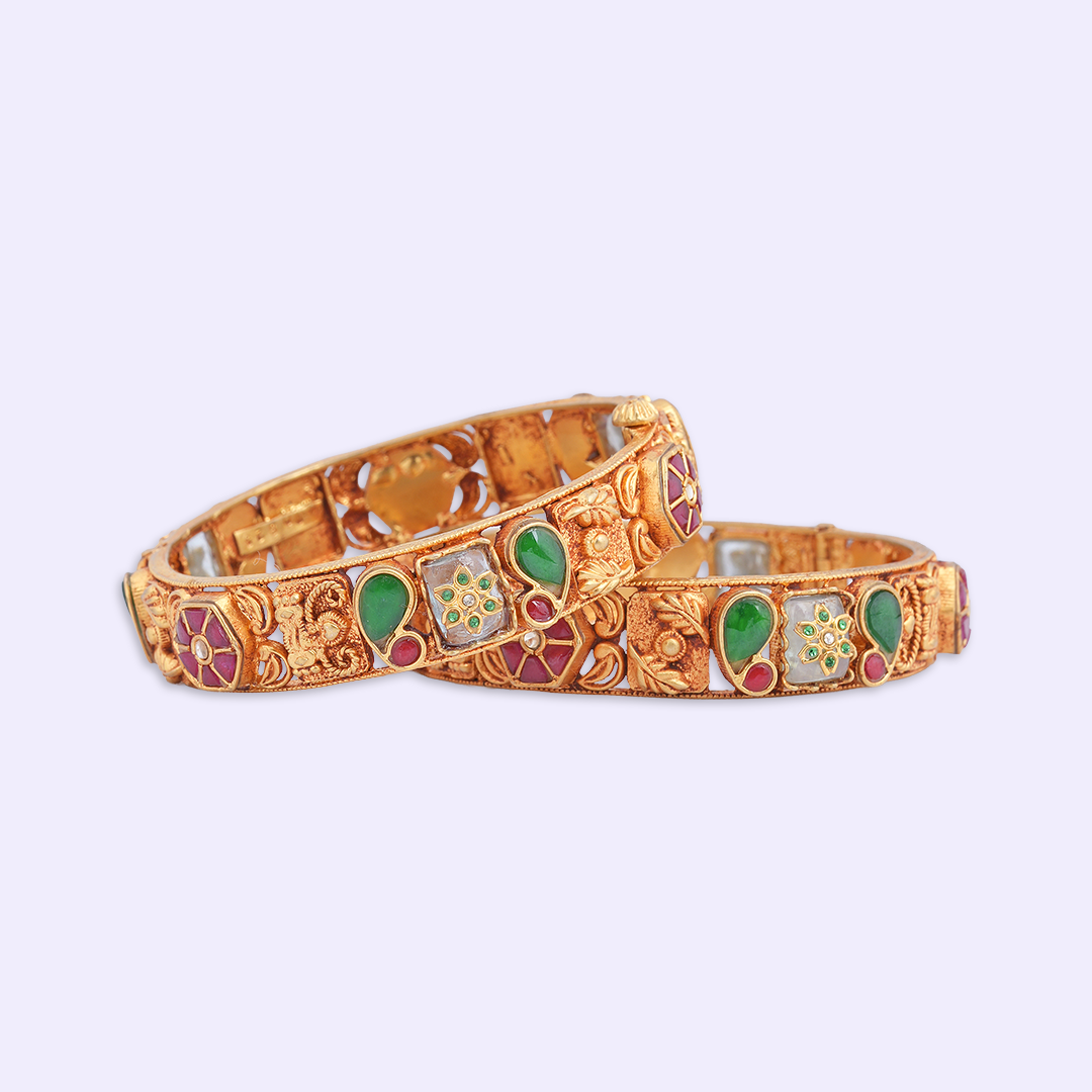 Paisley Floral Heritage Bangle Pair with Green & Red Accents