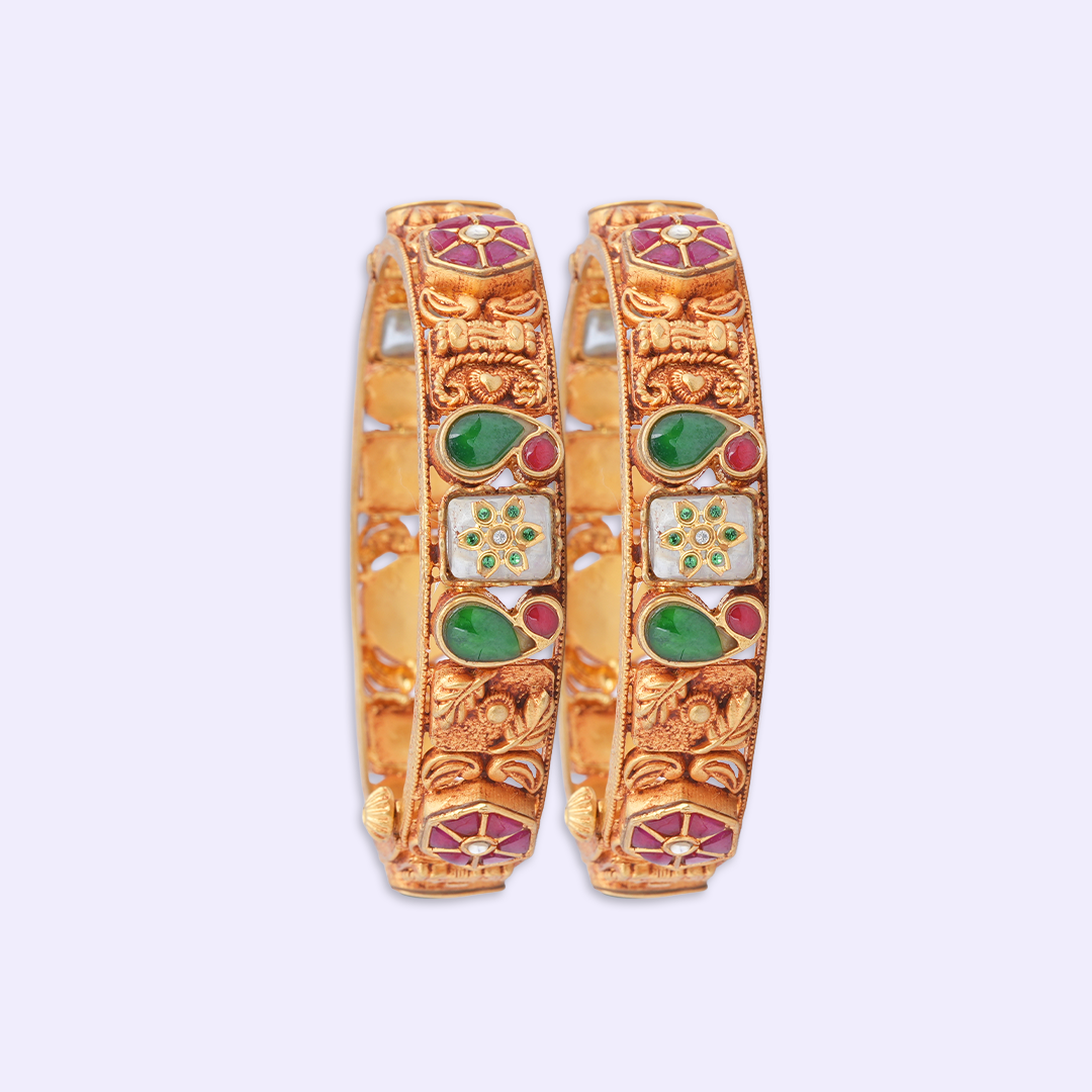 Paisley Floral Heritage Bangle Pair with Green & Red Accents