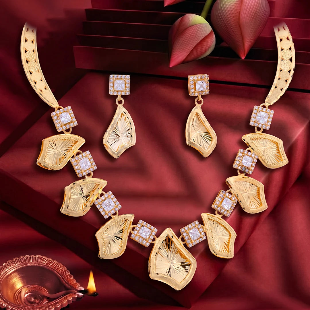 Golden Facet Leaf Necklace Set | 925 Sterling Silver