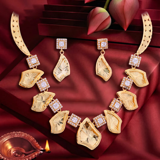 Golden Facet Leaf Necklace Set | 925 Sterling Silver