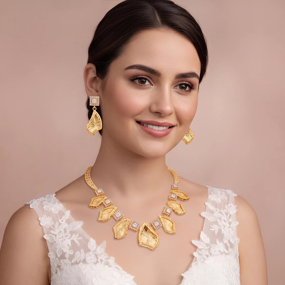 Golden Facet Leaf Necklace Set | 925 Sterling Silver