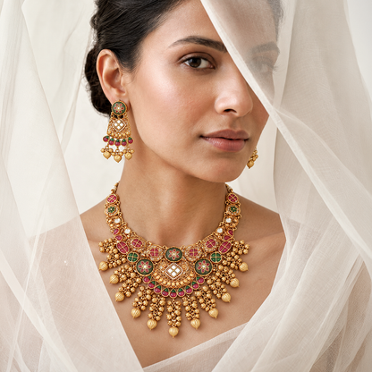 Royal Floral Heritage Necklace Set with Matching Earrings