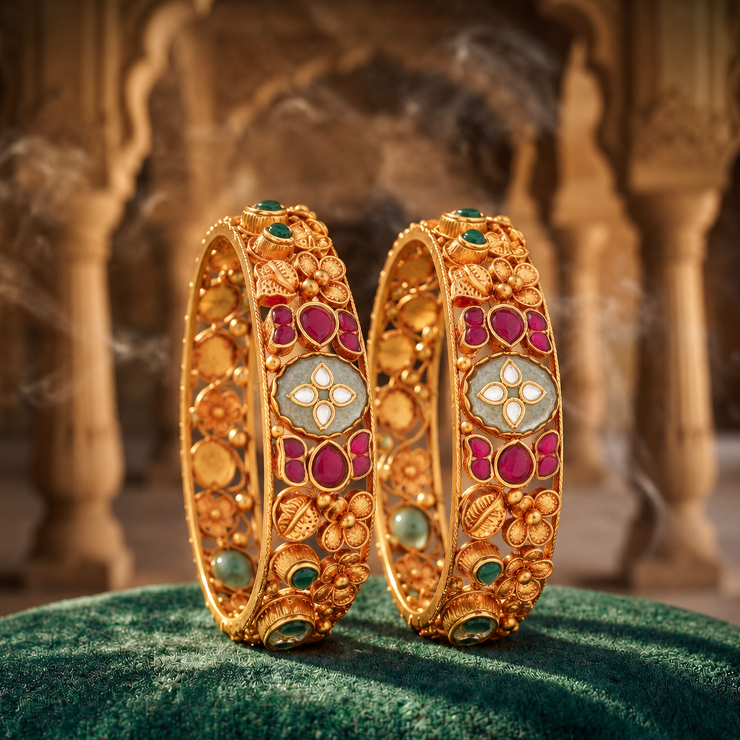 Floral Kundan-Inspired Heritage Bangle Pair with Red & Green Accents