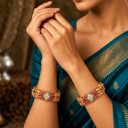 Floral Kundan-Inspired Heritage Bangle Pair with Red & Green Accents
