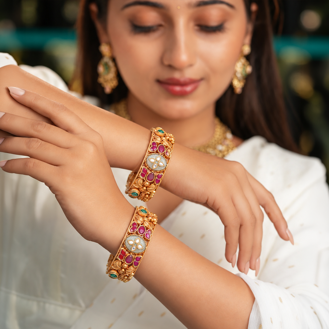 Floral Kundan-Inspired Heritage Bangle Pair with Red & Green Accents