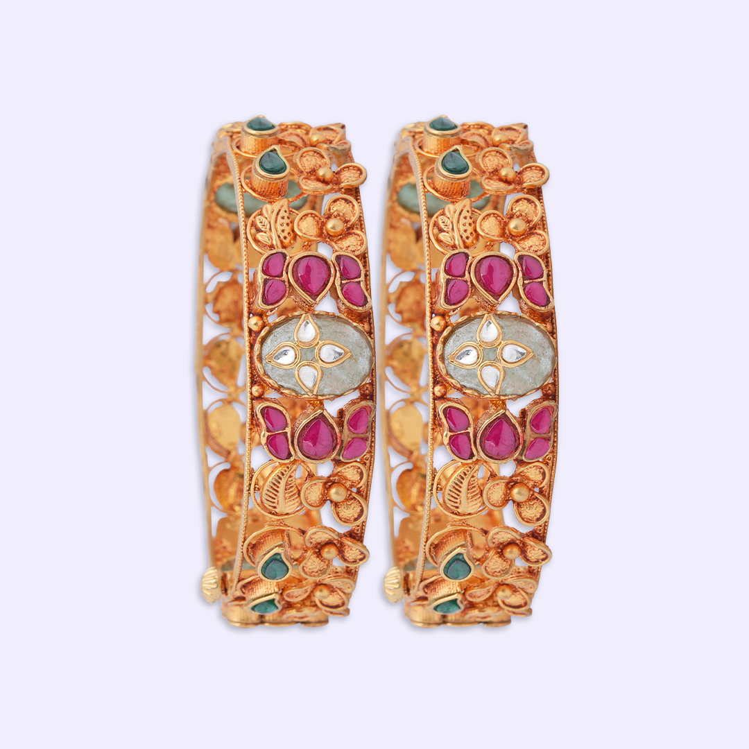 Floral Kundan-Inspired Heritage Bangle Pair with Red & Green Accents